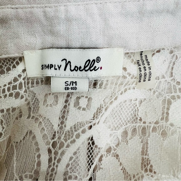 Simply Noelle Linen-Blend Roll-Tab Sleeve Lace Shoulder Button Shirt Size Medium - Picture 11 of 15